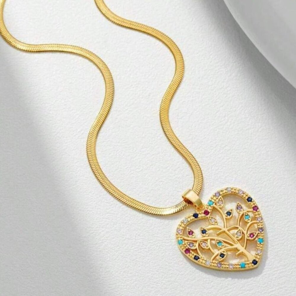 18K Gold Plated Tree Of Life Heart Gold Stainless Steel Necklace